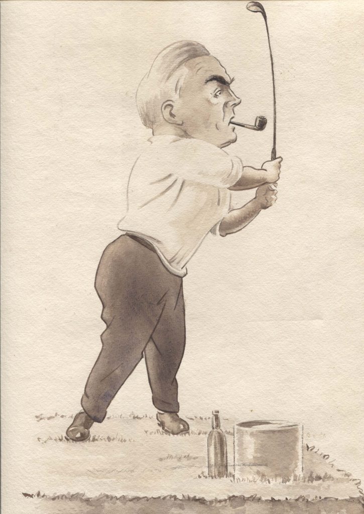 John Johnson caricature golf swing with pipe and beer at feet