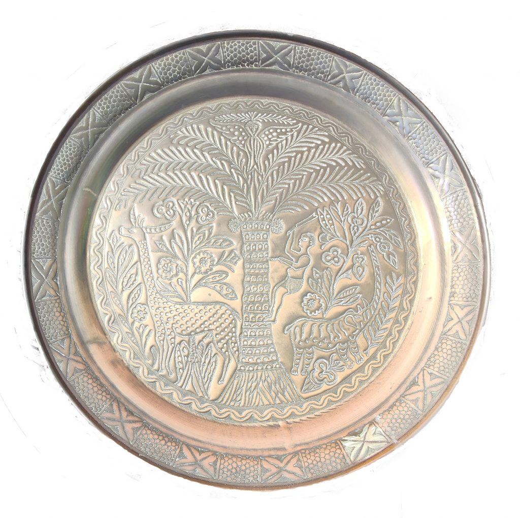 Nigerian brass tray Palm tree with harvester, giraffe and stylised elephant/rhino 91cm diameter