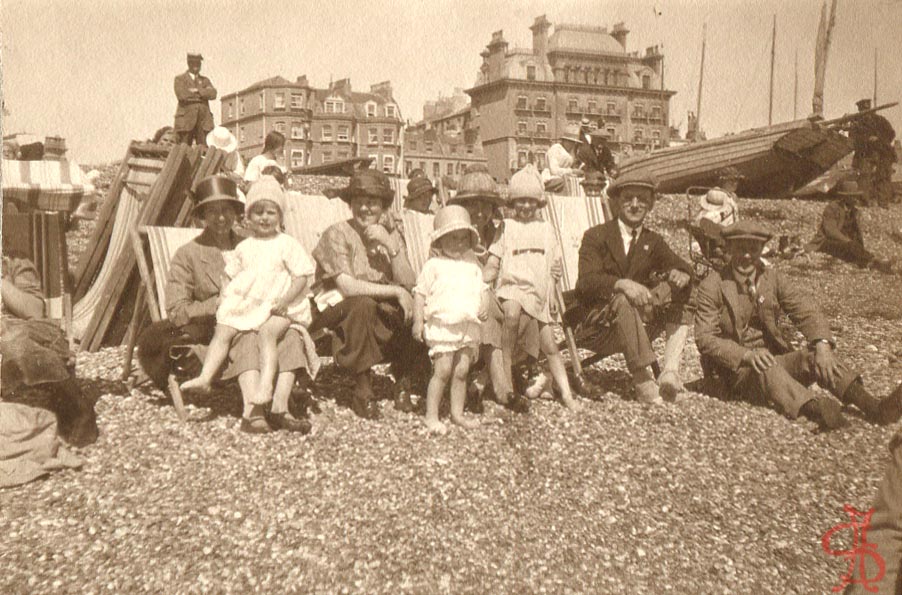 1920s Brighton beach, deckchairs and Norfolk hotel to rear