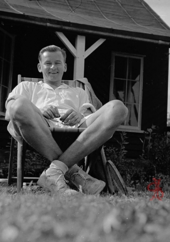 Basil in front of Headstone Lawn Tennis Club pavilion 1950