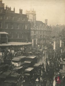 Westminster Hospital adorned for Royal Wedding 1922, Middlesex Guildhall and traffic in Broad Sanctuary