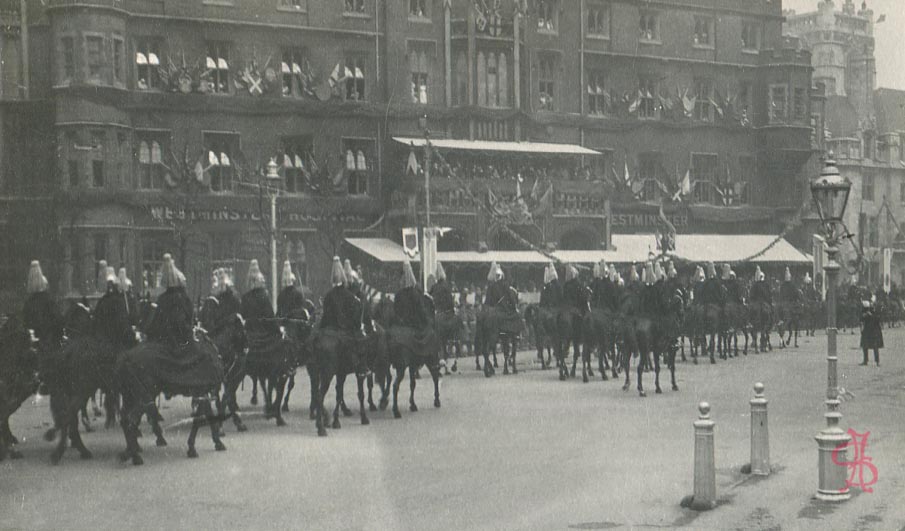 Mounted procession in front of adorned Westminster Hospital for Royal Wedding 25th April 1923