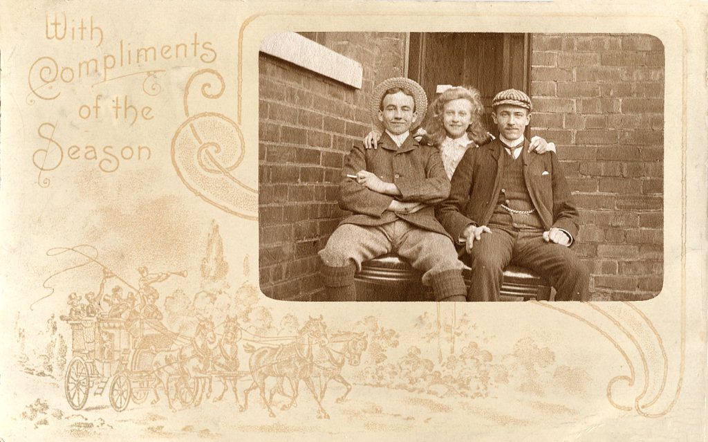 Photo of Stanley Appleyard with siblings, Marion and Frank on Christmas postcard dated 1905